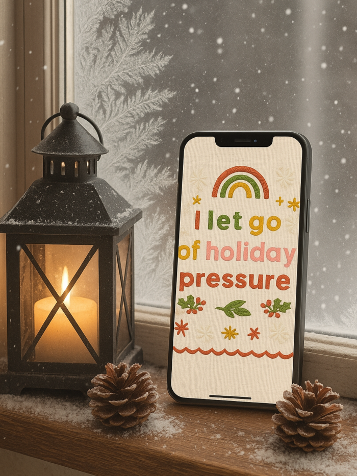 20251119_0051_Cozy Winter Wallpaper Scene_remix_01kacjgrwfevev71hrmfs4gtgd Embroidered Christmas Quote Phone Wallpaper – “I Let Go of Holiday Pressure” | Boho Aesthetic