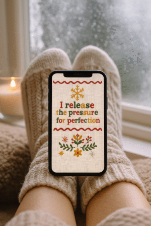 20251119_0108_Cozy Window Seat_remix_01kackgaj5e12bjv443jkj45rb Embroidered Christmas Quote Phone Wallpaper – “I Release the Pressure for Perfection” | Boho Aesthetic
