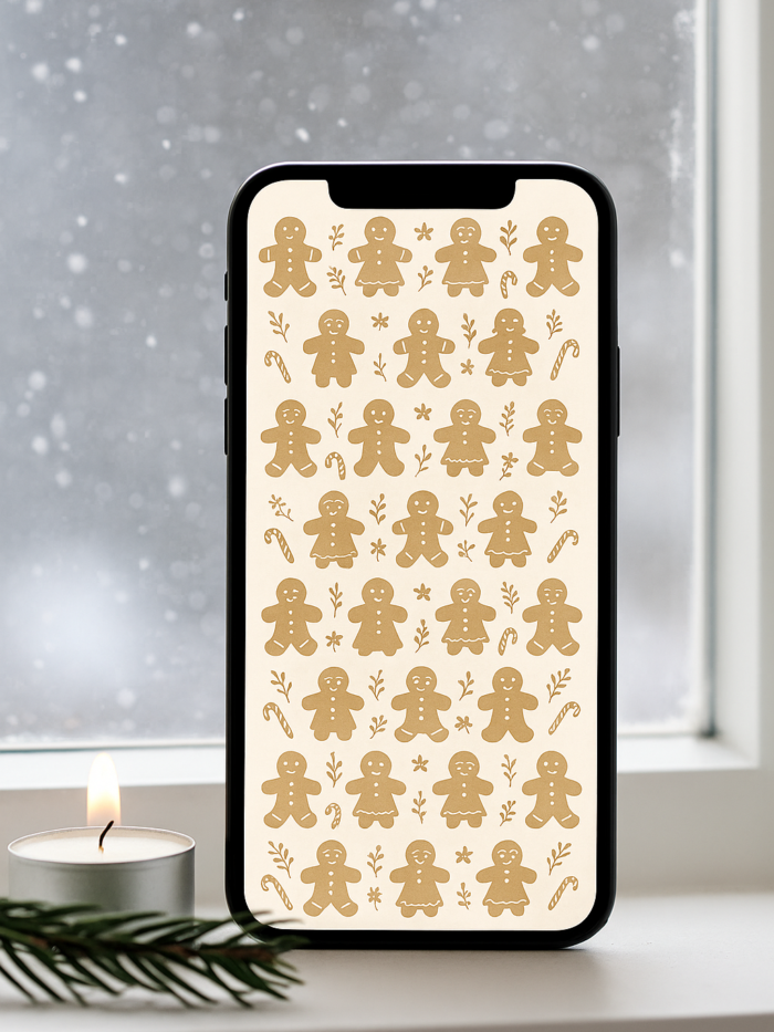 20251119_0131_Cozy Winter Wallpaper_remix_01kacmshgsfyr89n1spqkpspfm Gingerbread Christmas Phone Wallpaper – Cute Cookie Rows & Candy Canes