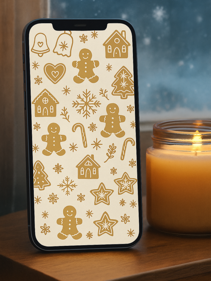20251119_0151_Cozy Festive Wallpaper_remix_01kacnzfyffdqs8ymdywjdmv3n Gingerbread Bells & Stars Christmas Phone Wallpaper – Cute Cookie Icons | Boho Aesthetic