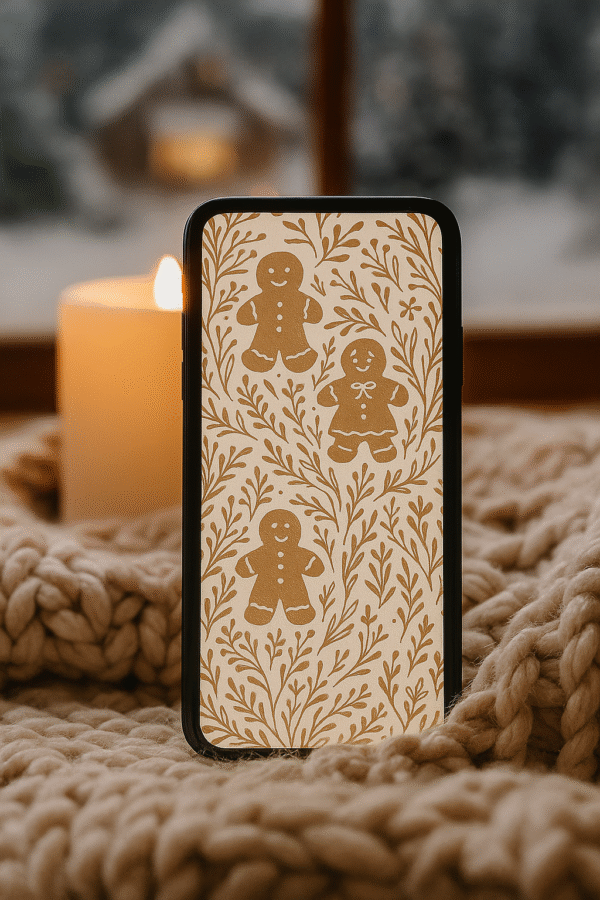 Gingerbread Christmas Phone Wallpaper – Cute Cookie & Botanical Pattern | Boho Aesthetic