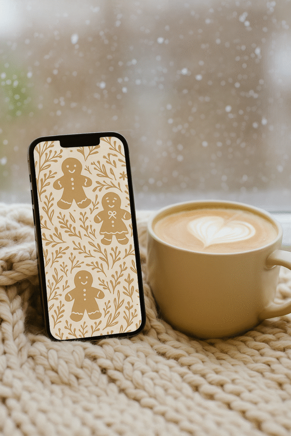 Gingerbread Christmas Phone Wallpaper – Cute Cookie & Botanical Pattern | Boho Aesthetic