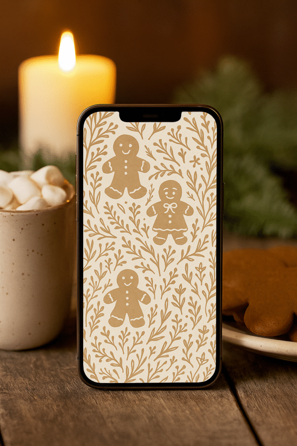 Gingerbread Christmas Phone Wallpaper – Cute Cookie & Botanical Pattern | Boho Aesthetic
