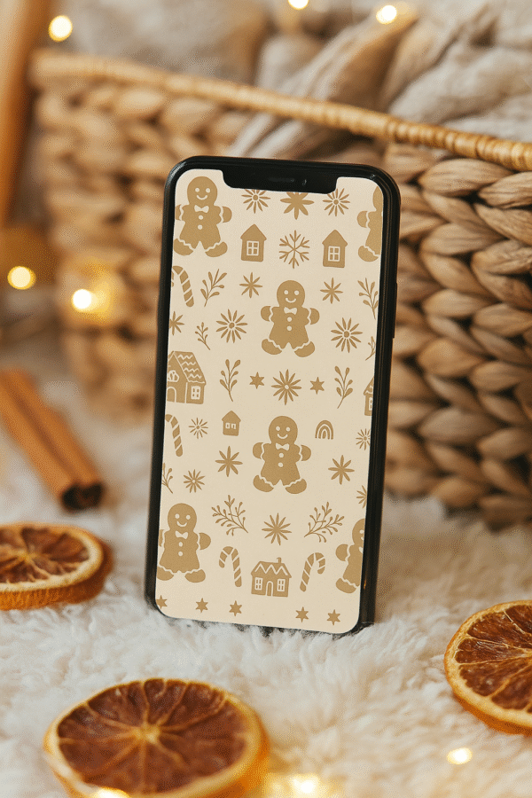Gingerbread Christmas Phone Wallpaper – Cute Cookie Pattern With Houses & Candy Canes