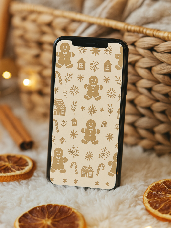 20251119_0211_Cozy Holiday Vibes_remix_01kacq2p0qej38a4qyencfktrw Gingerbread Christmas Phone Wallpaper – Cute Cookie Pattern With Houses & Candy Canes