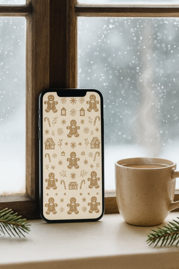 Gingerbread Christmas Phone Wallpaper – Cute Cookie Pattern With Houses & Candy Canes