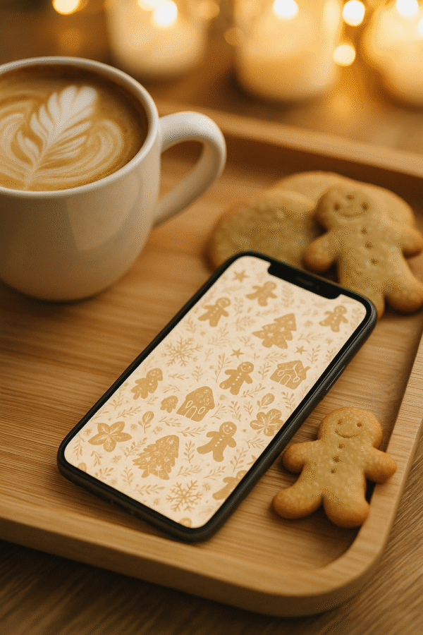 20251119_0217_Cozy Holiday Vibes_remix_01kacqf2nefwsaq4saz06v2bj9 Gingerbread Christmas Phone Wallpaper – Cozy Cookie, Snowflake & Holiday Pattern