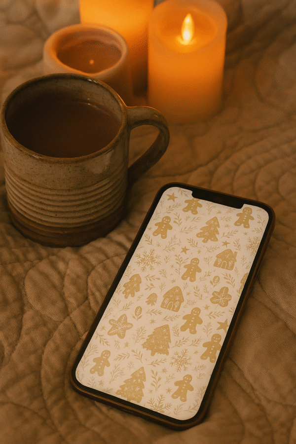 20251119_0218_Cozy Winter Wallpaper_remix_01kacqfz9nezeb5scqen09q5md Gingerbread Christmas Phone Wallpaper – Cozy Cookie, Snowflake & Holiday Pattern