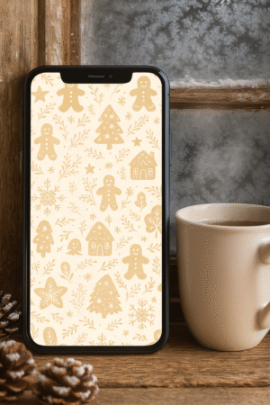20251119_0220_Cozy Winter Wallpaper_remix_01kacqmmyee8kvsftsbfgg24b4 Gingerbread Christmas Phone Wallpaper – Cozy Cookie, Snowflake & Holiday Pattern