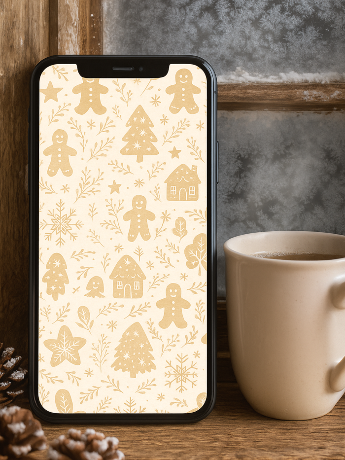 20251119_0220_Cozy Winter Wallpaper_remix_01kacqmmyee8kvsftsbfgg24b4 Gingerbread Christmas Phone Wallpaper – Cozy Cookie, Snowflake & Holiday Pattern