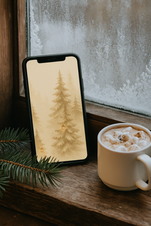 20251119_0232_Winter Window Nostalgia_remix_01kacrax80e3e9ft1r05nc2aze Winter Forest Phone Wallpaper – Cozy Lantern Snow Scene