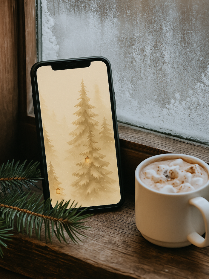 20251119_0232_Winter Window Nostalgia_remix_01kacrax80e3e9ft1r05nc2aze Winter Forest Phone Wallpaper – Cozy Lantern Snow Scene