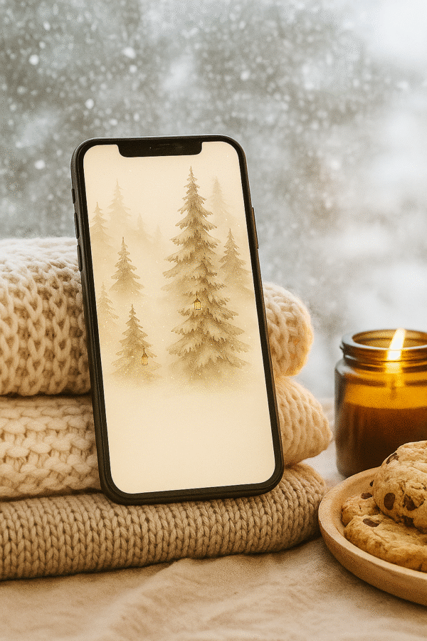 20251119_0233_Cozy Winter Vibes_remix_01kacrcmkcevhrg1kcsyx4a9qk Winter Forest Phone Wallpaper – Cozy Lantern Snow Scene