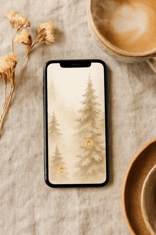 20251119_0236_Cozy Winter Wallpaper_remix_01kacrh8npfb29f55x4zmwdsah Winter Forest Phone Wallpaper – Cozy Lantern Snow Scene
