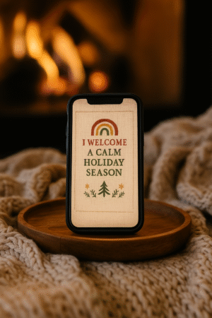 20251119_0016_Cozy Fireplace Ambiance_remix_01kacgh1q9e9c8jvdzq3agjaxe Christmas Quote Phone Wallpaper – “I Welcome a Calm Holiday Season”