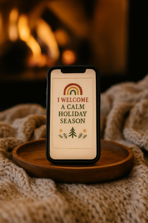 20251119_0016_Cozy Fireplace Ambiance_remix_01kacgh1q9e9c8jvdzq3agjaxe Christmas Quote Phone Wallpaper – “I Welcome a Calm Holiday Season”