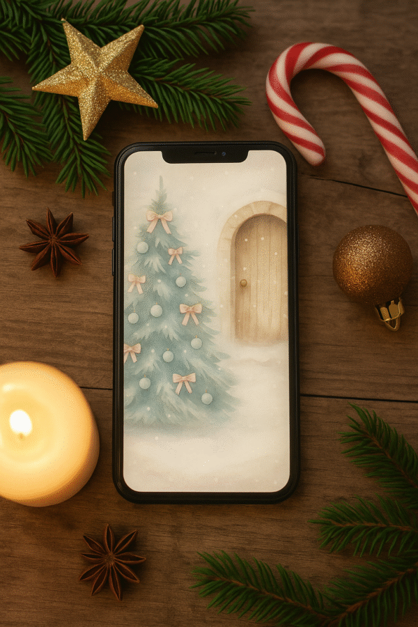 Snowy Cottage Door with Blush-Bow Tree – Christmas Phone Wallpaper