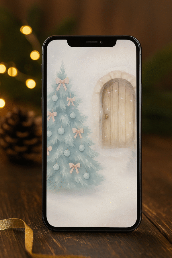 Snowy Cottage Door with Blush-Bow Tree – Christmas Phone Wallpaper