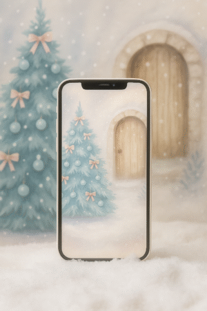 20251201_1956_Winter Wonderland Phone Mockup_remix_01kbdgtssnen8rj9z56kv72g1d Snowy Cottage Door with Blush-Bow Tree – Christmas Phone Wallpaper