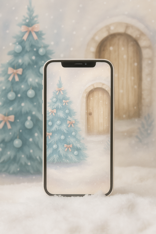 Snowy Cottage Door with Blush-Bow Tree – Christmas Phone Wallpaper