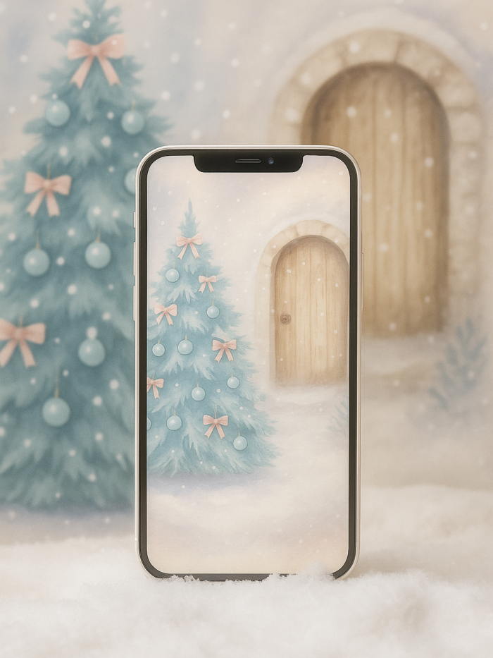 20251201_1956_Winter Wonderland Phone Mockup_remix_01kbdgtssnen8rj9z56kv72g1d Snowy Cottage Door with Blush-Bow Tree – Christmas Phone Wallpaper