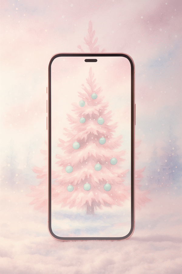 Soft-Pink Christmas Tree in Falling Snow – Christmas Phone Wallpaper