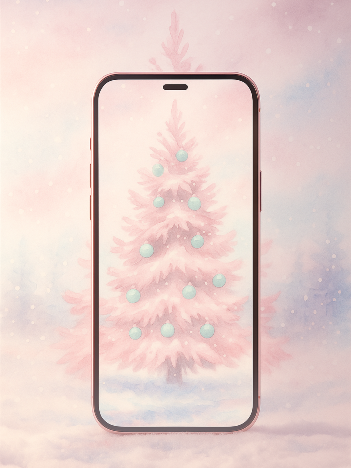 20251201_2007_Seamless Winter Wonderland Mockup_remix_01kbdhcqzme0mrg1bq30wcrwgm Soft-Pink Christmas Tree in Falling Snow – Christmas Phone Wallpaper