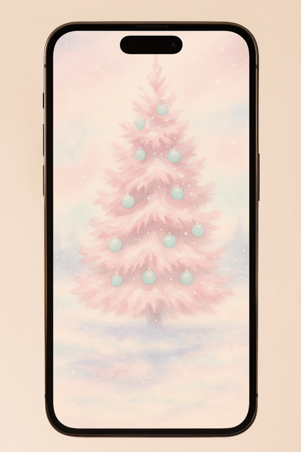 Soft-Pink Christmas Tree in Falling Snow – Christmas Phone Wallpaper