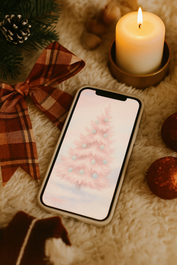 Soft-Pink Christmas Tree in Falling Snow – Christmas Phone Wallpaper