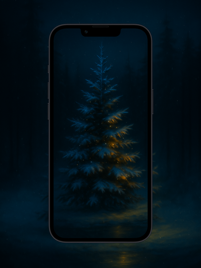 20251201_2018_Winter Night Elegance_remix_01kbdj2cqaf08rq9rzzyvp7gfx Frostlit Tree in the Midnight Forest – Christmas Phone Wallpaper