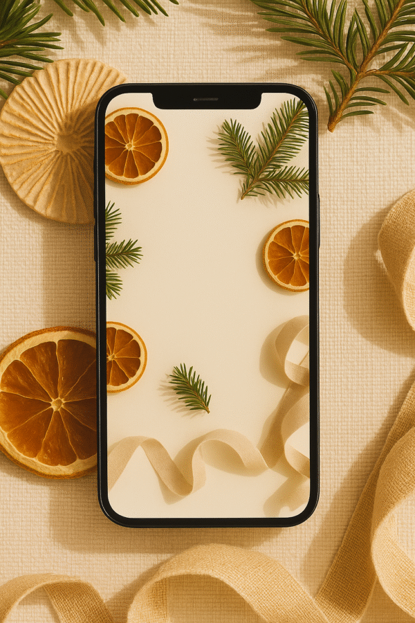 20251201_2028_Festive Nature Wallpaper_remix_01kbdjmvztfcptqf11jtbggj4d Warm Citrus & Pine Flatlay – Aesthetic Christmas Phone Wallpaper