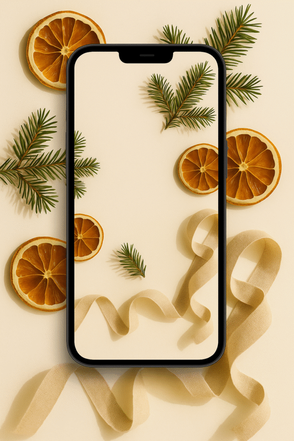 20251201_2028_Phone Wallpaper Mockup_remix_01kbdjktm4exvrw4ag9mx483jv Warm Citrus & Pine Flatlay – Aesthetic Christmas Phone Wallpaper