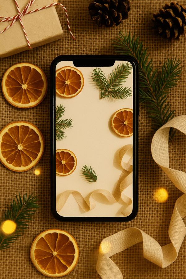 20251201_2042_Festive Christmas Wallpaper_remix_01kbdkdn9tfegb6qft4fwb29tr Warm Citrus & Pine Flatlay – Aesthetic Christmas Phone Wallpaper
