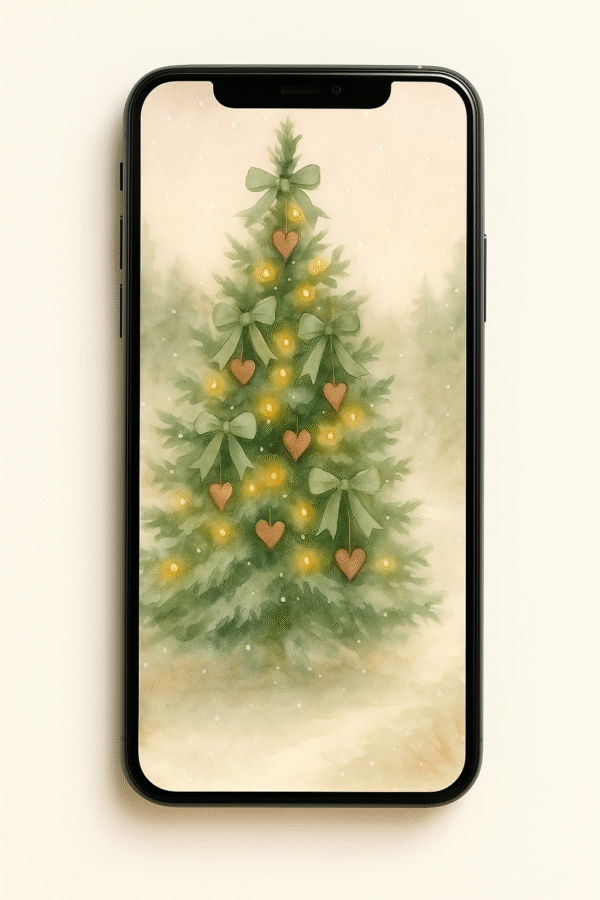 20251202_0810_Phone Wallpaper Mockup_remix_01kbett5drez0svag2f34et51x Green-Bow Woodland Heart Tree – Christmas Phone Wallpaper