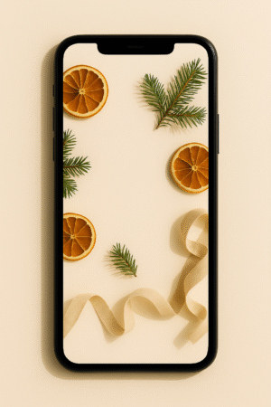 20251202_0842_Phone Wallpaper Mockup_remix_01kbewndnfe3ssxzpkr2qegjw5 Warm Citrus & Pine Flatlay – Aesthetic Christmas Phone Wallpaper