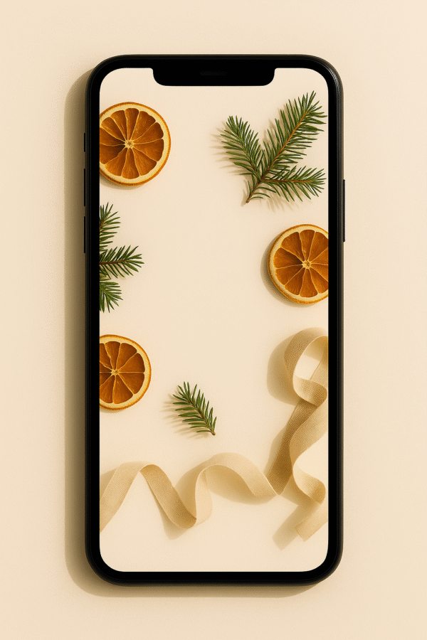20251202_0842_Phone Wallpaper Mockup_remix_01kbewndnfe3ssxzpkr2qegjw5 Warm Citrus & Pine Flatlay – Aesthetic Christmas Phone Wallpaper