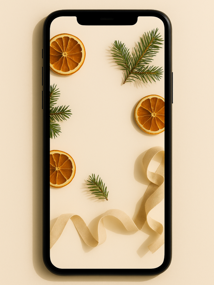 20251202_0842_Phone Wallpaper Mockup_remix_01kbewndnfe3ssxzpkr2qegjw5 Warm Citrus & Pine Flatlay – Aesthetic Christmas Phone Wallpaper