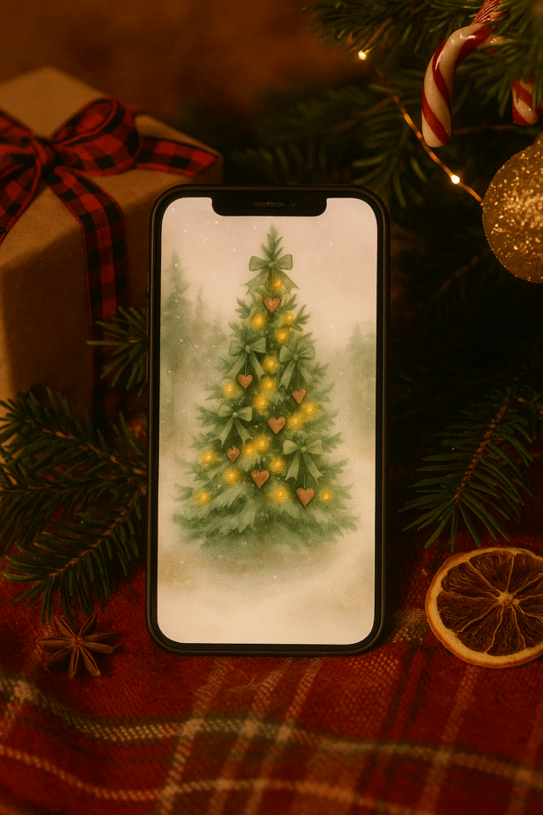 20251202_0843_Warm Christmas Wallpaper_remix_01kbewpj4sf5frg6yambws63t1 Green-Bow Woodland Heart Tree – Christmas Phone Wallpaper