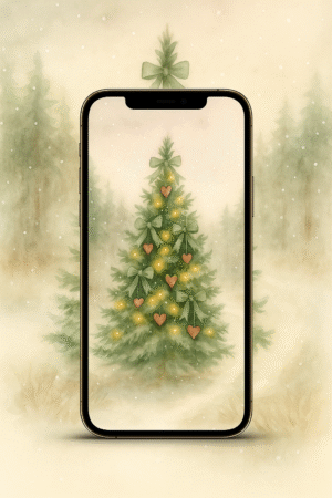 20251202_0903_Seamless Winter Wallpaper_remix_01kbext9g0f79shyyv387fmj2b Green-Bow Woodland Heart Tree – Christmas Phone Wallpaper