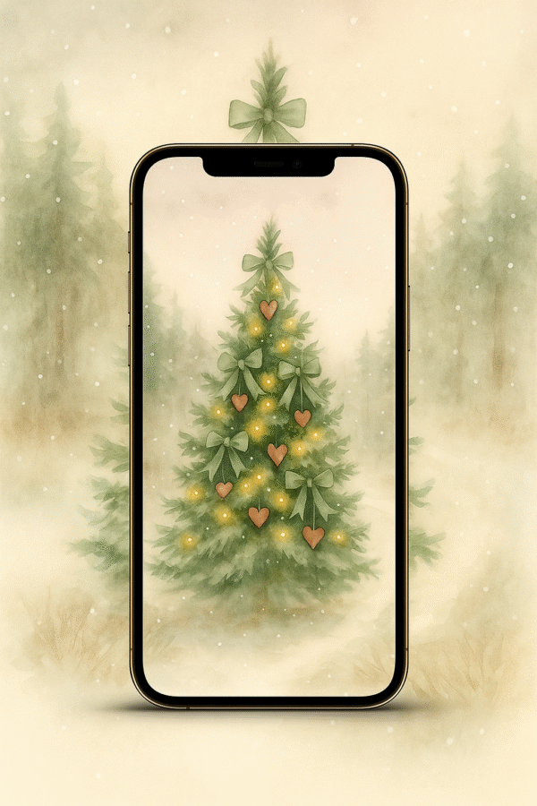 20251202_0903_Seamless Winter Wallpaper_remix_01kbext9g0f79shyyv387fmj2b Green-Bow Woodland Heart Tree – Christmas Phone Wallpaper