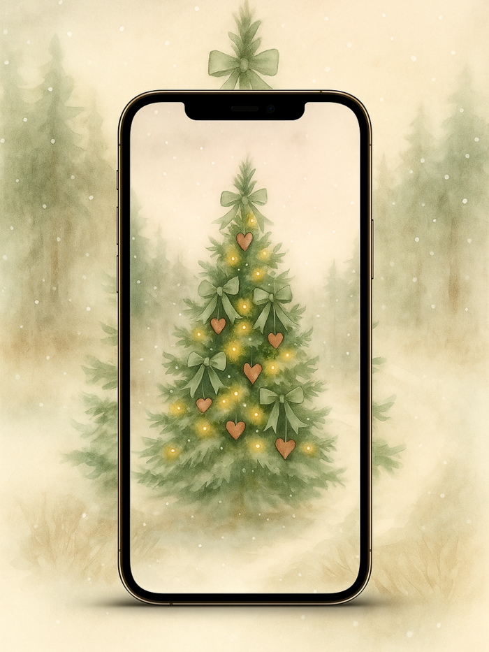 20251202_0903_Seamless Winter Wallpaper_remix_01kbext9g0f79shyyv387fmj2b Green-Bow Woodland Heart Tree – Christmas Phone Wallpaper