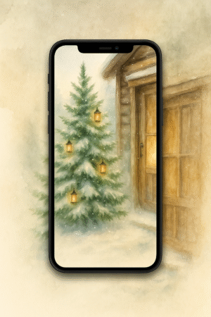 20251202_1339_Snowy Lantern Tree Scene_remix_01kbfdm44nf33tjevktm5rg7r4 Snow Lanterns at the Cabin Door – Christmas Phone Wallpaper