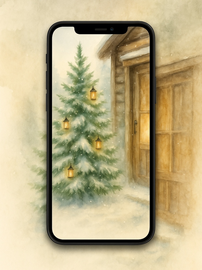 20251202_1339_Snowy Lantern Tree Scene_remix_01kbfdm44nf33tjevktm5rg7r4 Snow Lanterns at the Cabin Door – Christmas Phone Wallpaper