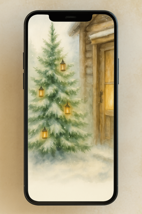 Snow Lanterns at the Cabin Door – Christmas Phone Wallpaper