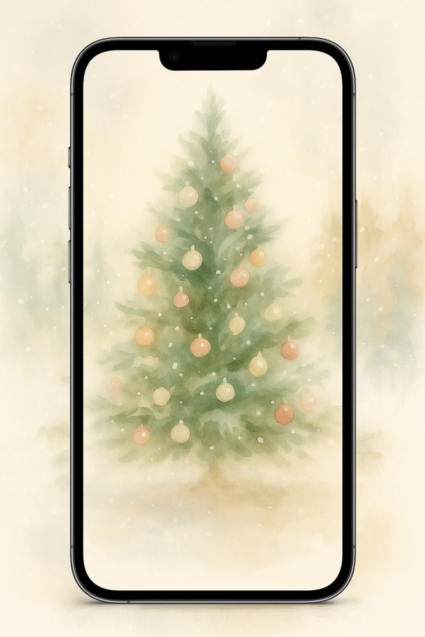 Soft Pastel Christmas Tree in Falling Snow – Christmas Phone Wallpaper
