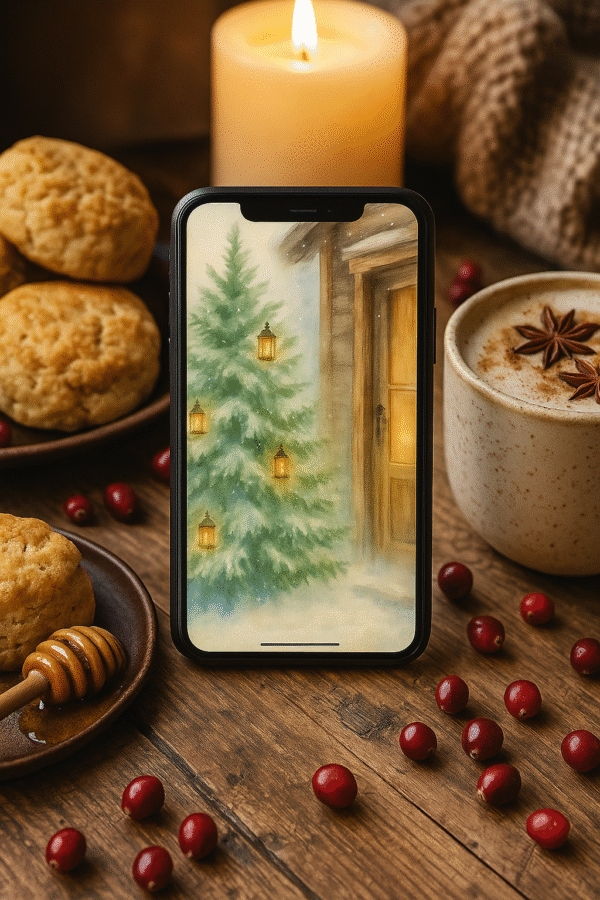Snow Lanterns at the Cabin Door – Christmas Phone Wallpaper