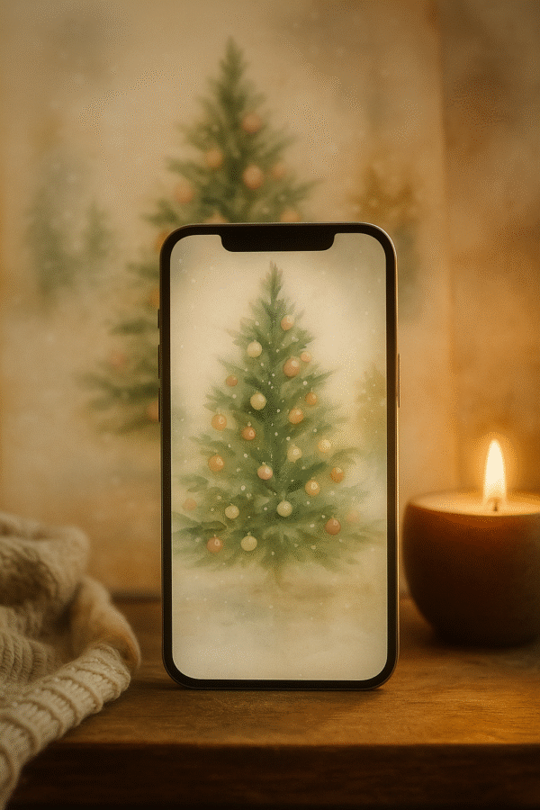 Soft Pastel Christmas Tree in Falling Snow – Christmas Phone Wallpaper