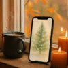 Soft Pastel Christmas Tree in Falling Snow – Christmas Phone Wallpaper