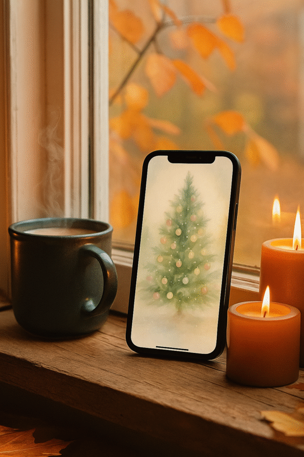 Soft Pastel Christmas Tree in Falling Snow – Christmas Phone Wallpaper