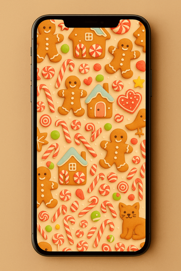 20251202_1952_Phone Wallpaper Mockup_remix_01kbg2z33ve7tbs403vn3bvw3n Gingerbread Candy Village Christmas Phone Wallpaper